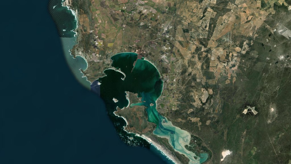 Satellite view of Langebaan Lagoon and the surrounding landscape